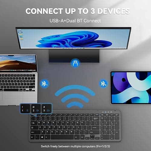 TECKNET Wireless Bluetooth Keyboard Rechargeable - Ultra Slim 2.4G+BT Keyboard with Number Pad, Low Profile Compact Silent Keyboards for Laptop, Computer, PC, Tablet, Multi Devices Easy Switch thumbnail 6