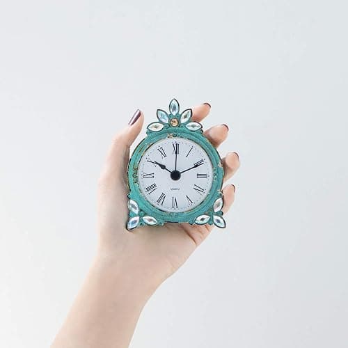 NIKKY HOME Vintage Pewter Quartz Mini Table Clock with Crystal Shining Rhinestone, 2.87 x 1.37 x 3.87 Inches, Aqua thumbnail 8