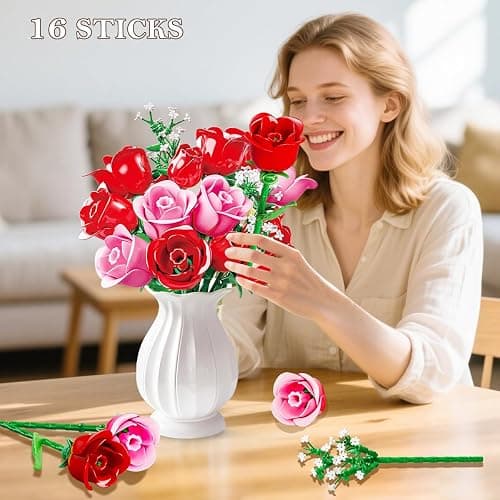 HOGOKIDS Flowers Bouquet Building Set with Lights - 16 Roses Bouquet Botanical Building Blocks Artificial Pink Roses Flower for Home Decor Christmas Birthday Gifts for Girls Adults - 387PCS (Pink) thumbnail 6