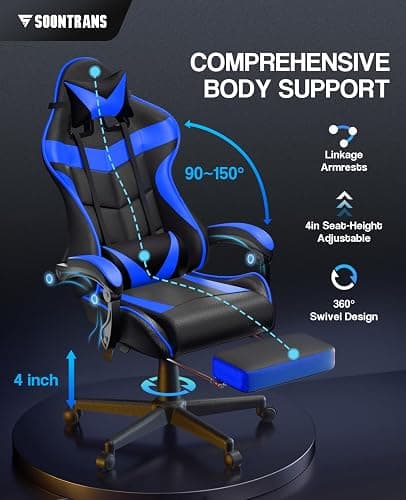 Soontrans Gaming Chair with Footrest,Computer Office Chair, Ergonomic Gamer Chair with Height Adjustment,Headrest and Lumbar Support Gamer Chair(Storm Blue) thumbnail 5