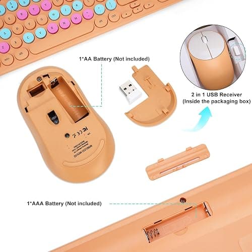 Wireless Keyboard and Mouse Combo, Retro Typewriter Keyboard with Round Keycaps, 2.4GHz USB Cute Wireless Keyboard Mouse for Computer, Desktop, Laptop and Computer (Orange Colorful) thumbnail 5