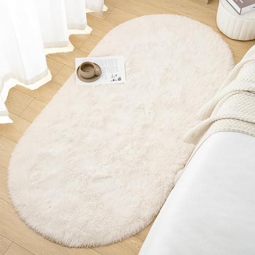 Goideal Fluffy Bedroom Rug, Small Oval Area Rugs, Cream Shag Bedside Carpet for Kids Room Nursery Dorm Cute Fuzzy Indoor Decor for Boy and Girl, 2.6 x 5.3 Feet thumbnail 4