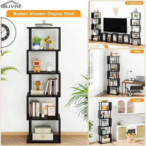 IBUYKE 6-Tier Tall Bookshelf,S-Shaped Geometric Bookcase, Wood Display Shelves with Storage,Modern Bookshelf for Living Room Bedroom, Home Office, Black WBC016B thumbnail 9
