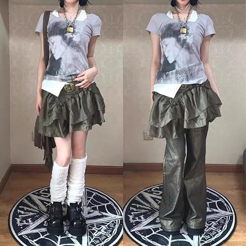 Emo Grunge Shirts Women 2000s Graphic Baby Tees Fake Two Piece Short Sleeve Vintage Y2k Crop Top Goth Alt Clothes - Grey Red - Large thumbnail 7