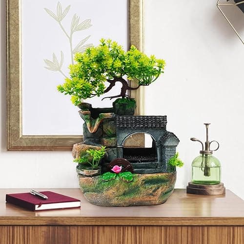 Tabletop Waterfall Fountain – 11 in Rockery Humidifier with Color-Changing LED Light, Adjustable Pump & Faux Bonsai Tree, Resin Indoor Desk Fountain Décor for Bedroom, Office, Aquarium, Meditation thumbnail 2