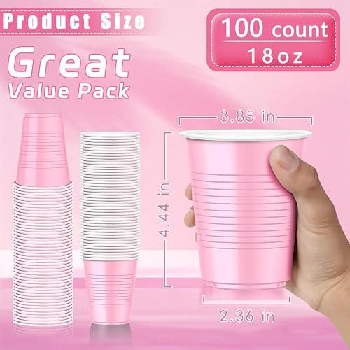 Dualshine 100 Pack Pink Plastic Cups 18 oz, Disposable Heavy Duty Drinking Cups for Party, Graduation Shot Cup for Wedding Birthday Valentine's Day Beer Serving Snack Sample Barbecues thumbnail 3