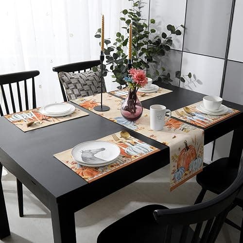 Fall Leaves Pumpkin 90inch Table Runner with Placemats Set, Thanksgiving Farmhouse Washable Non-Slip Cotton Linen Table Runners and Heat Resistant Matching Table Mat Set for Dining Table/Kitchen thumbnail 3