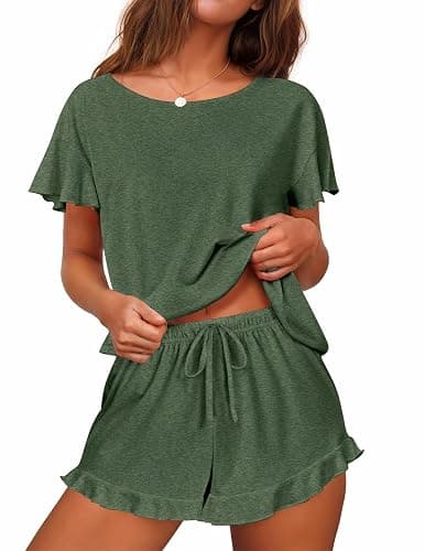 Ekouaer Women's Pajama Set Ruffle Sleeves Top and Short Soft 2 Piece Loungewear Set - Image 1