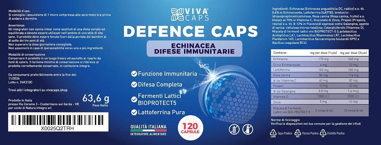 Integratore difese Immunitarie adulti 120cps due al giorno, Integratore sistema immunitario con Echinacea Forte, Lattoferrina, Vitamina C, Zinco, Vitamina D - Made In Italy thumbnail 9