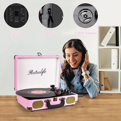 Vinyl Record Player 3-Speed Bluetooth Suitcase Portable Belt-Driven Record Player with Built-in Speakers RCA Line Out AUX in Headphone Jack Vintage Turntable Pink thumbnail 3