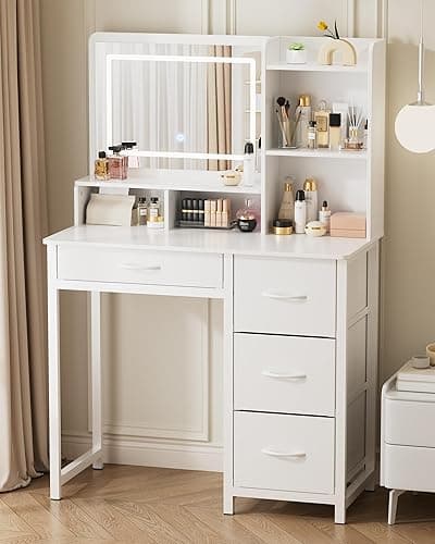 Kitsure Vanity Desk with Mirror and Lights - Large Capacity Makeup Vanity with 4 Fabric Storage Drawers & 3 Lighting Modes, Vanity Table Set with Sturdy Metal Frame for Bedroom, White, 35" x 17" x 52" - 35" x 17" x 52"