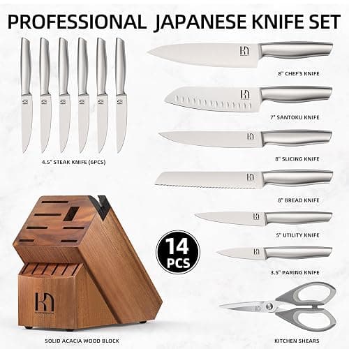 KnifeSaga Kitchen Knife Set 14 Piece Premium Japanese High Carbon Stainless Steel Knife Block Sets with Built-in Sharpener, Razor Sharp Knives Set for Kitchen, Quality Acacia Wood Block Knife Set thumbnail 6