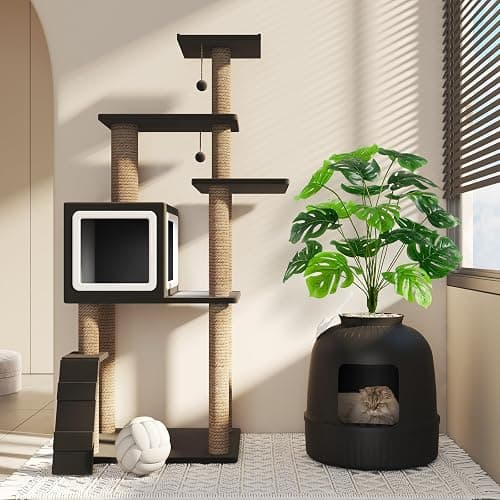 Lifewit Bac Litiere pour Chat avec Désodorisant et Filtre, Maisons de Toilette Chats pour Salon, Chambre à Coucher, Coins, Litiere Chat Fermé avec Fausse Plante, Pelle, 48 x 120 cm, Noir thumbnail 8