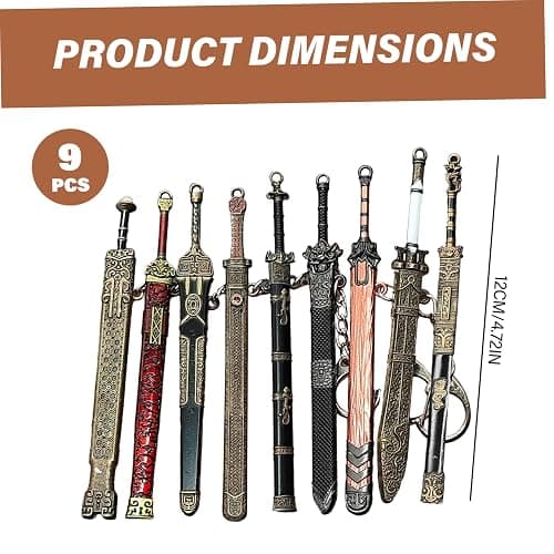 9PCS Mini Sword 4.7" Ancient Sword Keychain Zinc Alloy Key Chain Old Scabbard Decoration Pattern Keychain Uncut Blade Model for Men Women thumbnail 3