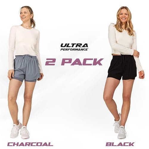 Ultra Performance Gym Shorts Women Pack of 2, Nylon Compression Workout Shorts Women with Liner thumbnail 2