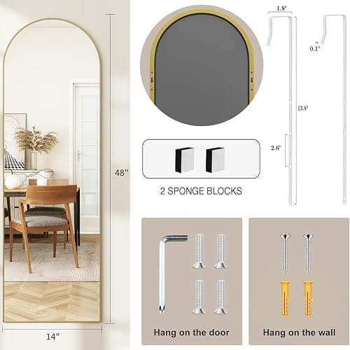 JAWGLOW Arched Full Length Door Mirror 14x48, Metal Frame with Protective Film, No-Drilling Hanging or Wall Mount, Hooks & Hardware Included, Full Body Mirror for Bedroom, Dorm, Gold thumbnail 2