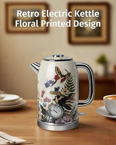 INFOOD Retro Electric Kettle 1.8L/60.8oz with Thermometer - 1200W Fast Boiling Stainless Steel Tea Kettle with Water Level, BPA-Free, Auto Shut-Off, Boil-Dry Protection, Vintage Floral Design thumbnail 3