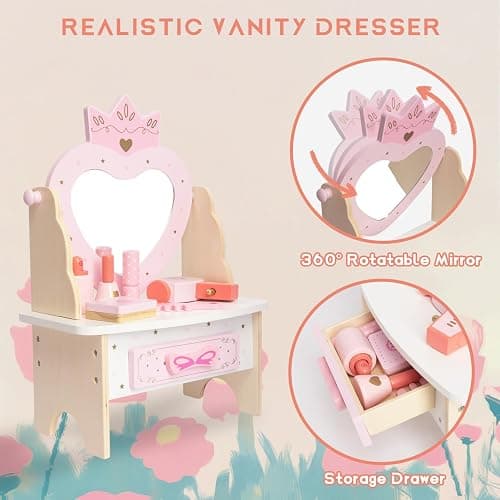 Wooden Vanity Set for Kids, Pretend Play Toddler Makeup Vanity Table Toys with 360° Rotatable Mirror, Beauty Salon Set Includes Makeup Accessories, Little Girls Gift Age 3+ (Pink) thumbnail 5
