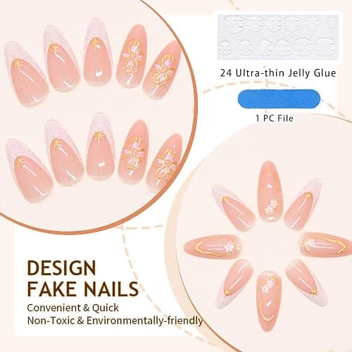 GlamRays Lot de 24 faux ongles à presser en forme d'amande française, moyens, avec motifs floraux 3D, automne nude, faux ongles, pointes scintillantes thumbnail 3