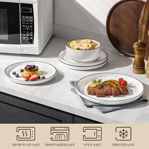 MALACASA Plates and Bowls Sets, 12 Pieces Modern Porcelain Dinnerware Set for 4 White Kitchen Dinner Dining Ware Set wtih Black Rim Ceramic Dishware Dishes Microwave and Dishwasher Safe, Series LUNA thumbnail 5