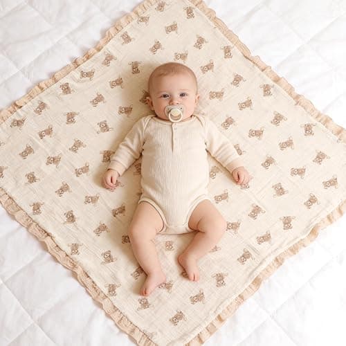 100% Organic Cotton Muslin Baby Blanket Flounce Edge Large 50"x43" Teddy Bear, Soft Breathable Toddler Quilt Crib Blankets Gender Neutral for Baby Boys and Girls Bassinet, Bed, Stroller & Snuggling thumbnail 2