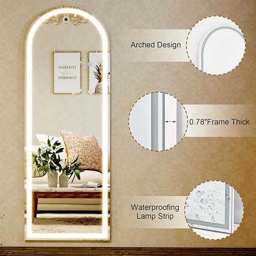 GLSLAND 20"x56" Arched LED Full Length Mirror with Lights – Wall Mounted or Standing Full Body Mirror for Bedroom/Cloakroom – Dimmable with 3 Color Lighting Modes thumbnail 6