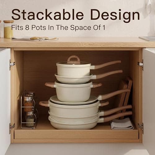 Pots and Pans Set Non Stick Non-Toxic 22 Pcs Ceramic Cookware Sets Nonstick Kitchen Pot&Pan With Lid Cream White Granite Induction Compatible with Glass Lids Crepe Frying Pan PFOA/PFOS-Free thumbnail 8