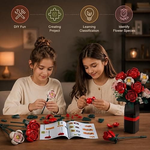 MONOFUN Flower Bouquet Building Set with Vase, 841Pcs DIY Roses Block Kit for Kids Adults, Creative Home Office Decoration, Valentine’s Day Birthday thumbnail 5