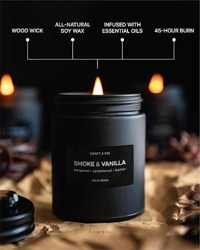 Craft & Kin Scented Black Candles for Men | Premium Smoke & Vanilla Scented Candles | Long Lasting Candle with 45 Hour Burn Time, 7.6oz thumbnail 3