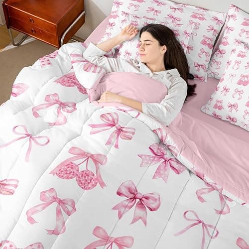Feelyou Pink Bow Kids Comforter Set with Sheets,Boys Girls Twin Size,Disco Light Ball Print 7 Piece Bedding Set,Cute Coquette Bow Knot Bed in a Bag,Butterfly Knot Princess All Season Bowknot thumbnail 7