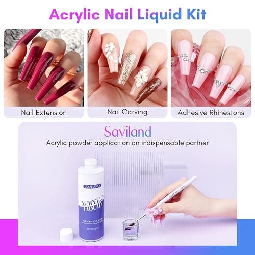 SAVILAND Monomer Acrylic Nail Liquid – 8.11fl.oz Acrylic Liquid with 3PCS Brushes Size（8/10/14) Non-Yellowing Monomer for DIY Home Nail Salon Use thumbnail 2