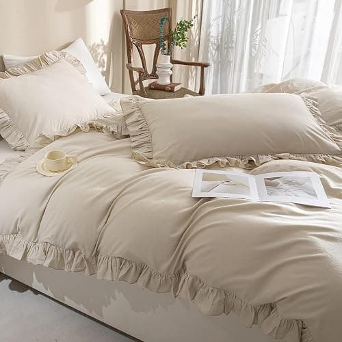 AShanlan Bettwäsche Rüschen 135x200 Beige Romantisch Bettwäsche-Sets 2tlg | Bettbezug 135x200 mit Kissenbezug 80x80 cm, 100% Weich Mikrofaser, ÖKO-TEX, Reißverschluss thumbnail 4