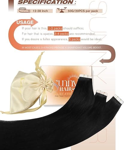 Sunny Hair Tape in Hair Extensions Real Human Hair Invisible Remy Hair Extensions Tape ins for Women Jet Black 20 inch 20Pcs 50G - 20 Inch - Remy 1-#1 Jet Black thumbnail 5