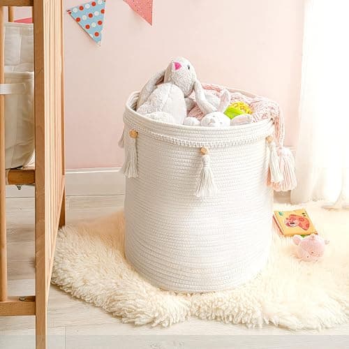 Mkono Macrame Decorative Cotton Rope Basket Boho Cute Woven Tassel Tall Basket Closet Storage Bins Organizer for Nursery,Baby Toys, Potted Plants Cover,Living Room,Bedroom Home Decor 15.7"x 19.6" - 15.7"x19.6" thumbnail 3