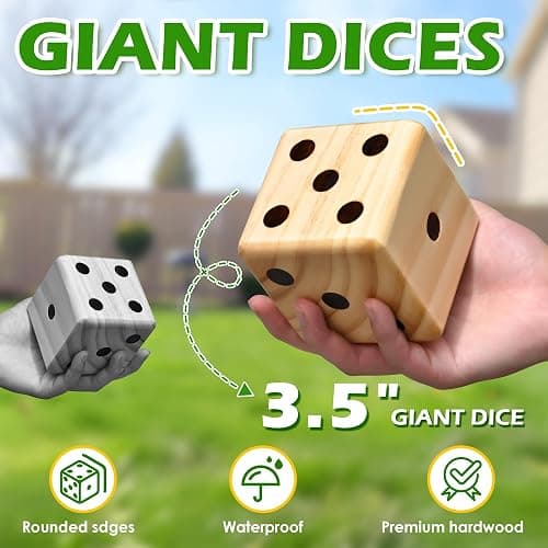 ropoda 3.5" Giant Wooden Yard Dice Set for Outdoor Fun, Barbeque, Party Events, Backyard Games, Lawn Games Includes 6 Dice, Collapsible Bucket, Score Cards & Dry Erase Marker thumbnail 6