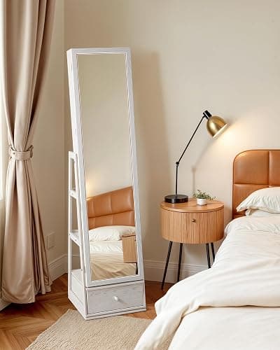 Nicetree 360°Swivel Mirror Jewelry Cabinet, LED Jewelry Cabinet Armoire, Standing Jewelry Mirror Organizer with Storage, Rear Shelves, Interior Mirror, Drawer, Black Lining thumbnail 2