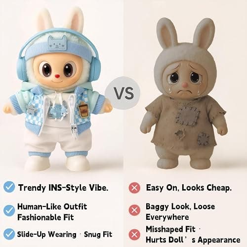 Blue Hoodie Outfit Set for 17cm / 6.69in Doll – Casual Streetwear Clothes with Headphones, Plaid Jacket, Pants and Shoes – (Doll Not Included) thumbnail 3