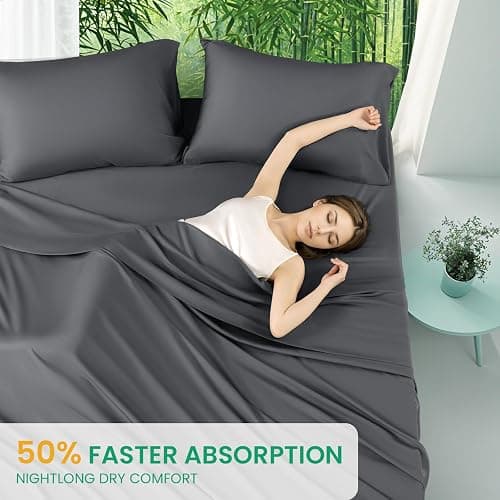 SONORO KATE 100% Viscose Derived from Bamboo_Sheets Queen Size, Ultra Breathable & Cooling Bed Sheets for Hot Sleepers, Hotel Luxury Silky Bedding Sheets, 16" Deep Pocket - 4PC (Dark Grey,Queen) thumbnail 7