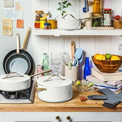 Beautiful 12pc Ceramic Non-Stick Cookware Set by Drew Barrymore, Pots & Pans with Lids, Dishwasher‑Safe,Soft‑Touch Handles, Even‑Heat Base. (White Icing) thumbnail 5