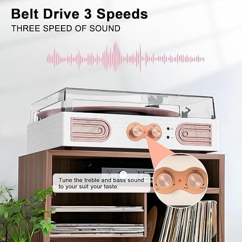 Vinyl Record Player with Built-in Speakers 3-Speed Vintage Record Player Support Treble& Bass Control, 3.5mm Headphone Jack, RCA-Out/Aux in, Belt-Driven LP Turntable,White Rose Gold thumbnail 2