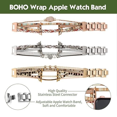 CHARMINGO Boho Leather Bracelet Compatible with Apple Watch Bands for Women Men 38mm 40mm 41mm 42mm 44mm 45mm 46mm 49mm - Multilayer Wrap Dressy Apple Watch Strap for Cute Iwatch Band Series 11 10 9 8 7 6 5 4 SE 3 Ultra 3 2 1 thumbnail 3