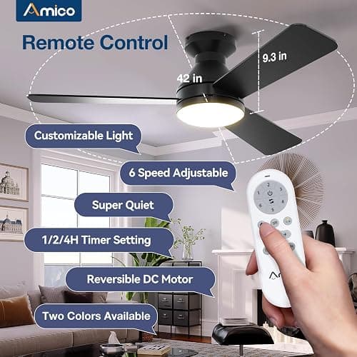 Amico 42 Inch Black Low Profile Ceiling Fans with Lights and Remote | Flush mount, 3-color dimmable light, quiet reversible DC motor, easy install, memory, timer, bedroom, covered outdoor areas thumbnail 2