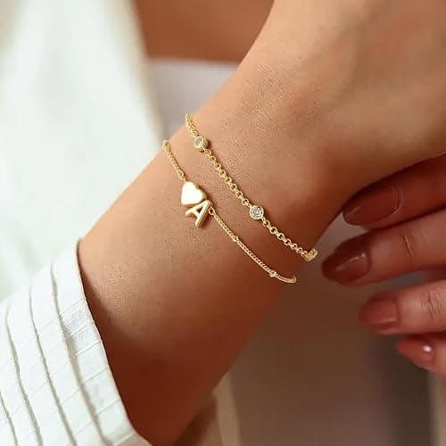Turandoss Heart Initial Bracelets for Teen Girls, Jewelry Gifts for Girls | Dainty 14K Gold Plated Layered Initial A-Z Bracelets, Birthday Ideal Gifts for 6 7 8 9 10 11 12 13 14 15 16 Years Old Girls thumbnail 2