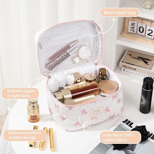UYUUY Makeup Bag for Women 3PCS Quilted Cotton Make Up Bag Travel Cosmetic Bag Large Makeup Bag Set Cute Bow Makeup Bag Organizer Floral Toiletry Bag Makeup Pouch for Purse - White thumbnail 3