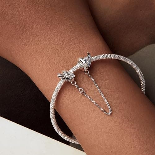 925 Sterling Silber Feder Sicherheitskette für Pandora Armband,Engel-Flügel Stopper Silikonverschluss Clip-Charm,Damenschmuck thumbnail 2