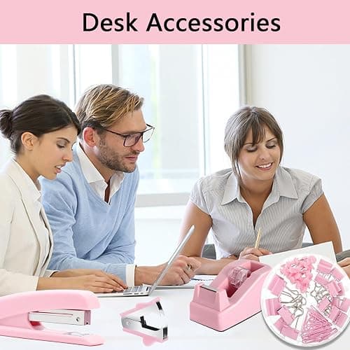 Office Supplies,Pink Desk Accessories,Office Supplies Set,Stapler and Tape Dispenser Set,Scissors,Staple Remover,Binder Clips,Staples,Ballpoint Pen,Index Tabs with Ruler,Clear Tape.9pcs for Office thumbnail 2