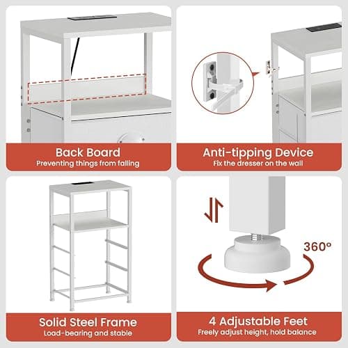 RVHOME White Nightstand with Charging Station & Voice Control LED Light, 28.3" Night Stand with 3 Fabric Drawers, End Table Side Furniture with Tamper-Resistant Outlets, USB Type C Port thumbnail 7