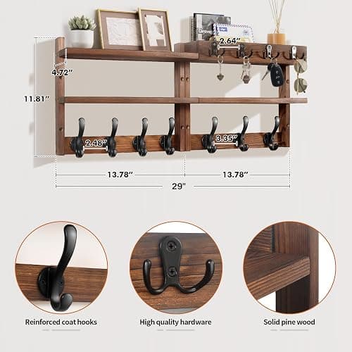 29" Coat Rack Wall Mount with Shelf, Pine Two-Tier Wall Shelf Mounted Coat and Key Hanger with 7 Heavy Duty Hooks 4 Key Hooks, Entryway Key Holder with Mail Holder for Bedroom,Living Room (Brown) thumbnail 2
