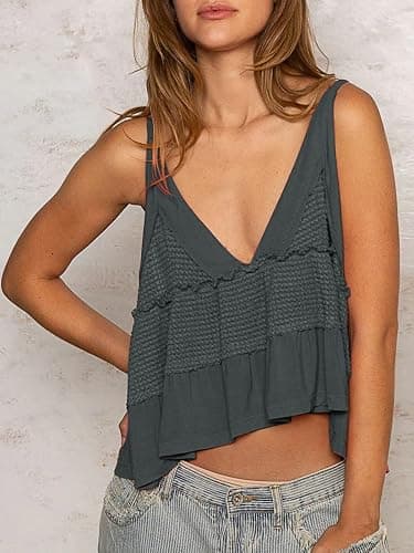 VNIRA Womens Sleeveless Peplum Spaghetti Strap Babydoll V Neck Ruffle Loose Fit Waffle Knit Crop Boho Tank Tops thumbnail 3