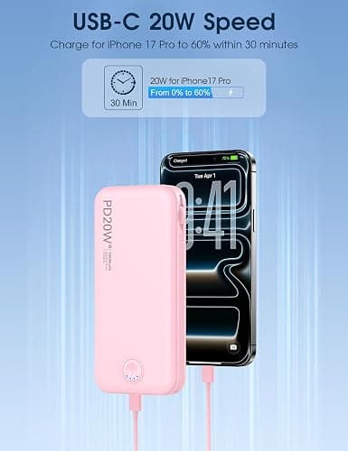 Nusyddy Portable Charger 10000mAh Fast Charging w/Built-in Wall Plug Pink | PD20W Fast Charging, LED Indicator, Pass Through Charging, TSA Approved, Compact/Slim, Power Bank for iPhone/iPad/Samsung thumbnail 4